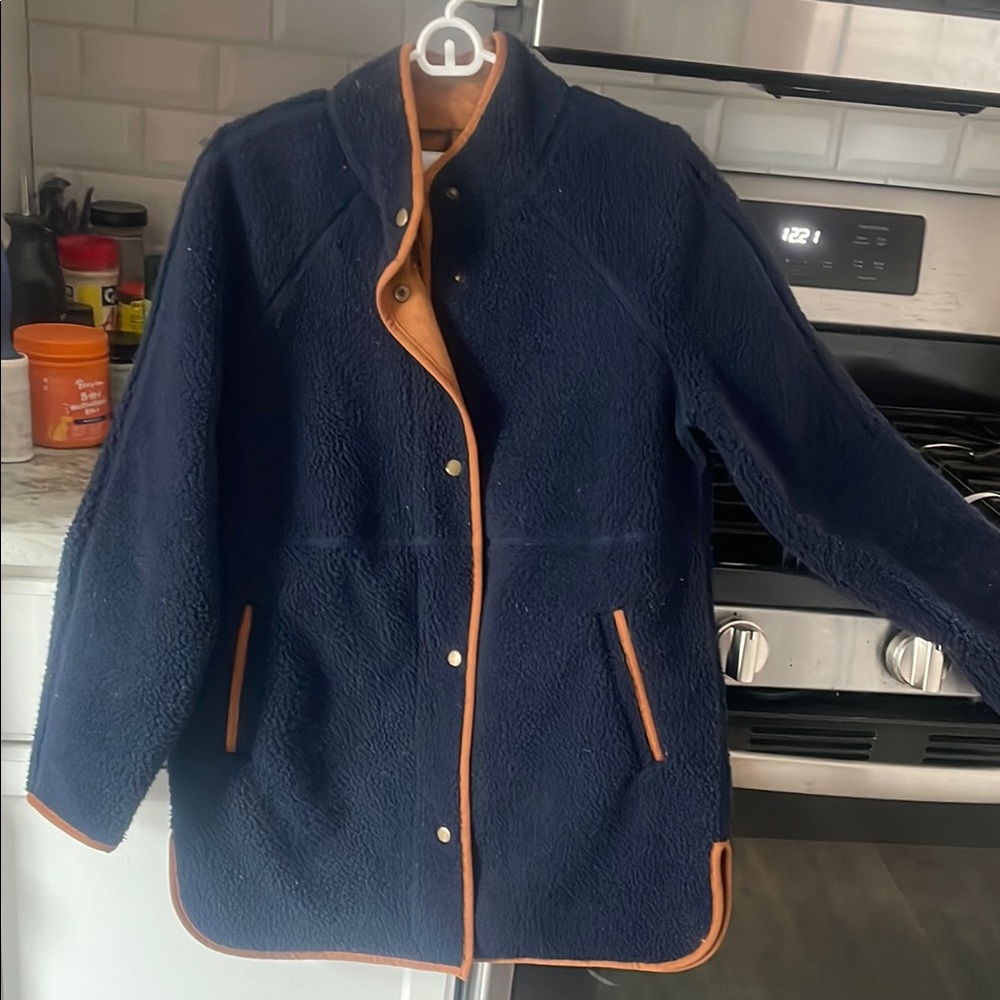Navy Blue Fleece Coat with Tan Trim
